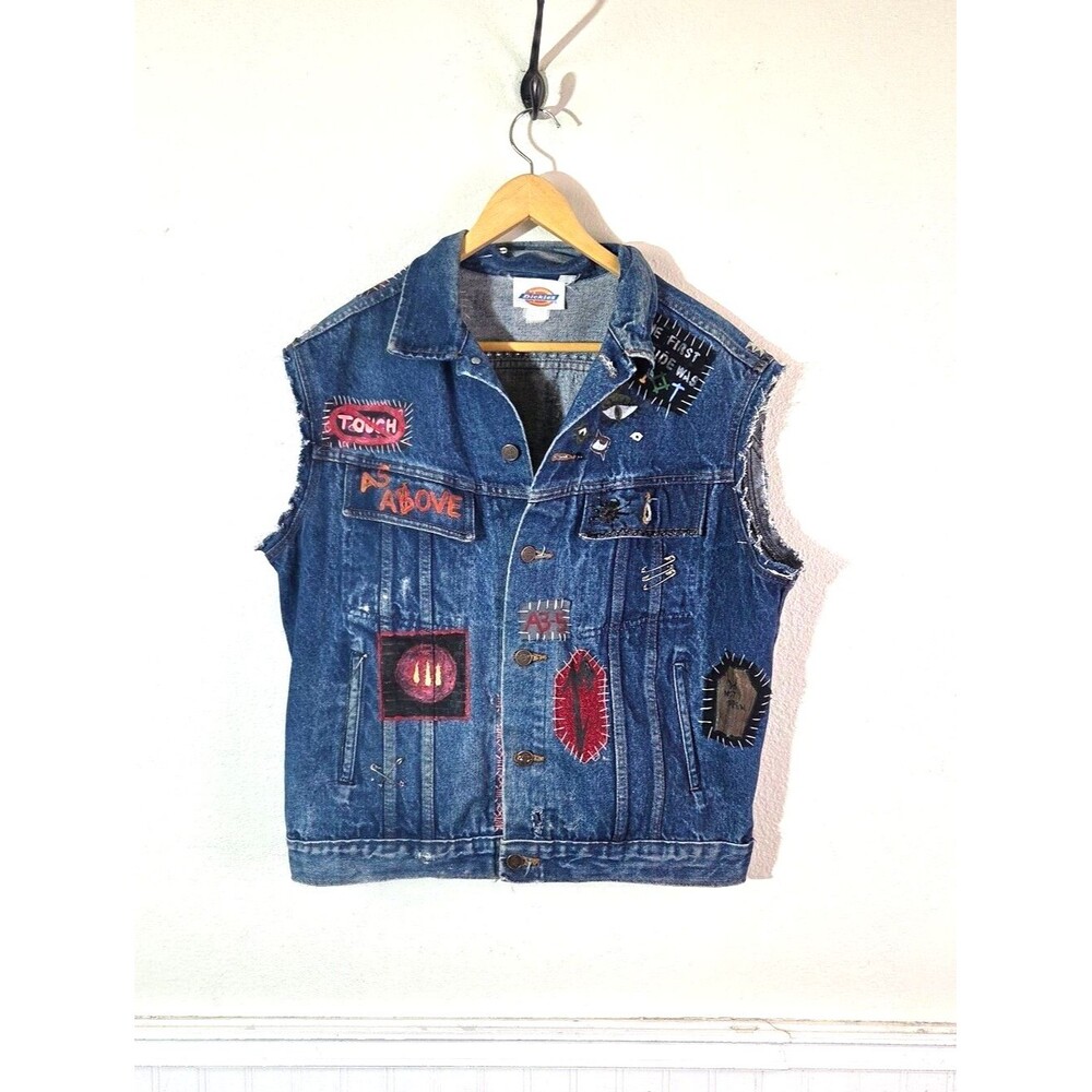 Custom Punk Battle Vest Dickies Denim Vest Mens 44L Psychobilly Horror Studded